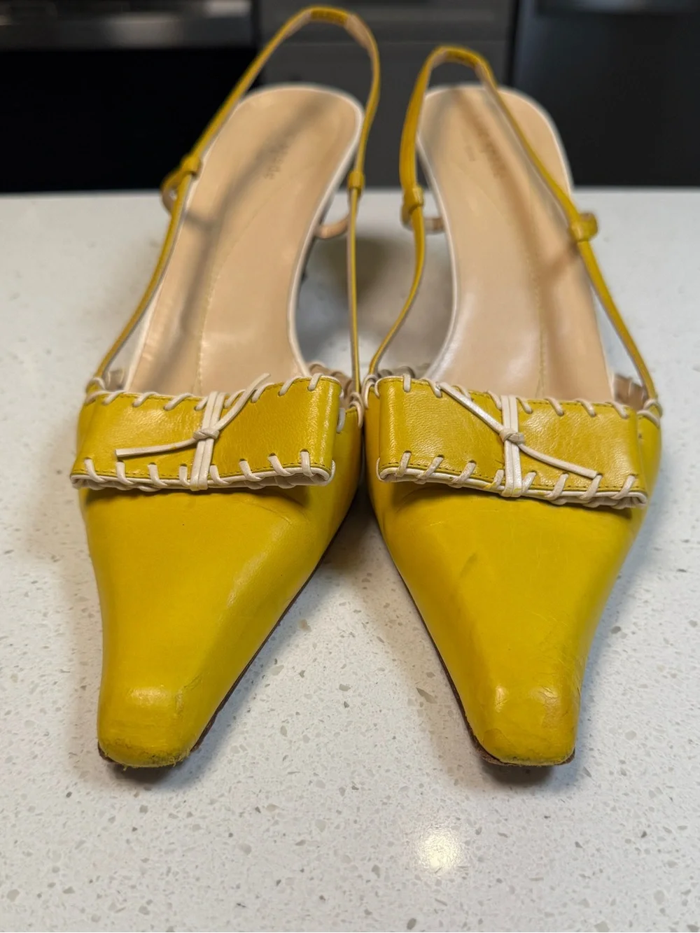 Vintage Kate Spade Slingback Kitten Heels Yellow White Leather Pointed Italy 10